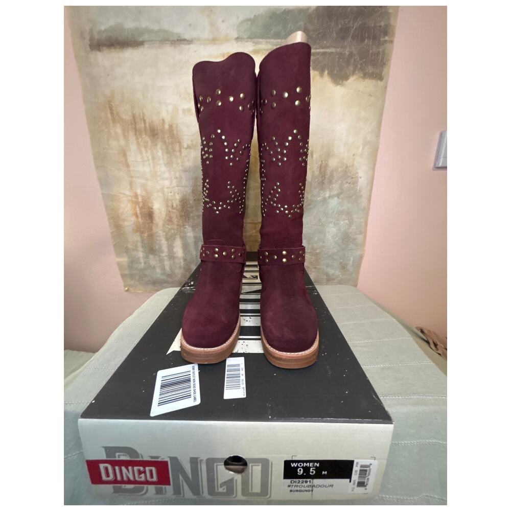 Dingo Troubadour Women's Burgundy Suede Studded Tall Western Boot Round Toe 9.5M - Picture 5 of 16
